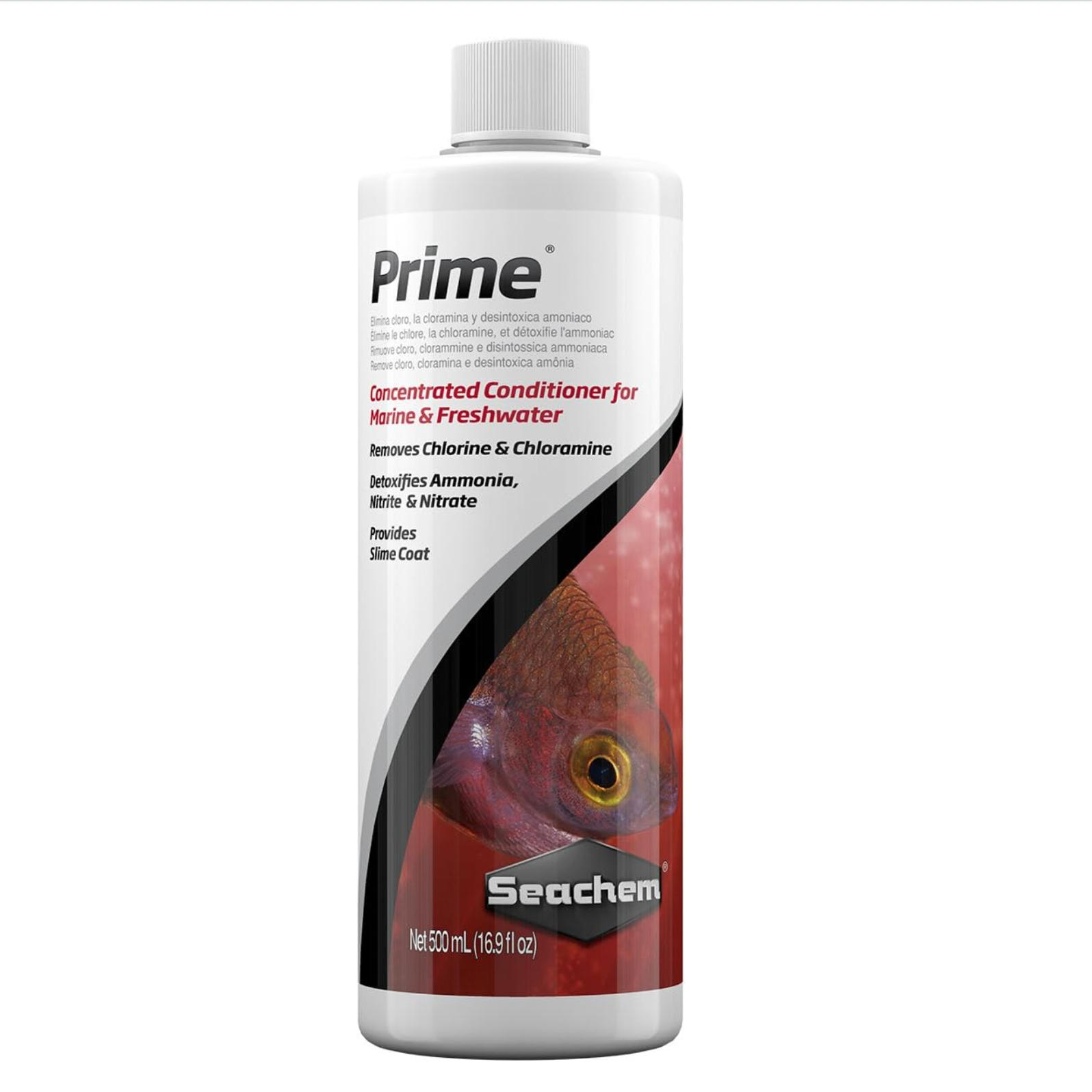 Seachem Prime aquarium conditioning product bottle on a white background