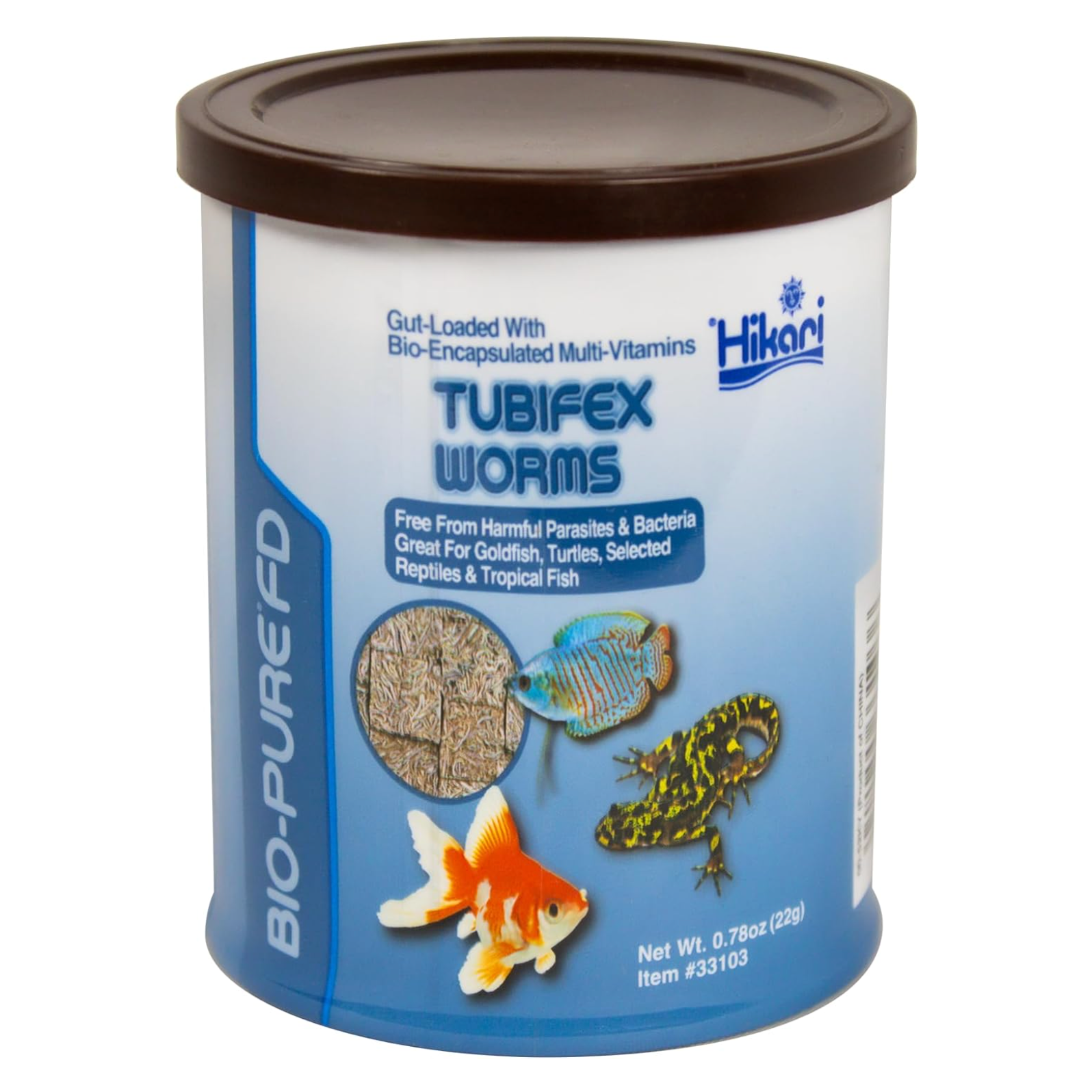 Canister of Hikari Tubifex Worms for aquatic animals on a white background